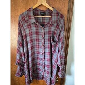 Heyson Flannel Shirt Womens 1X Button Front Purple Plaid Dolman Sleeve
